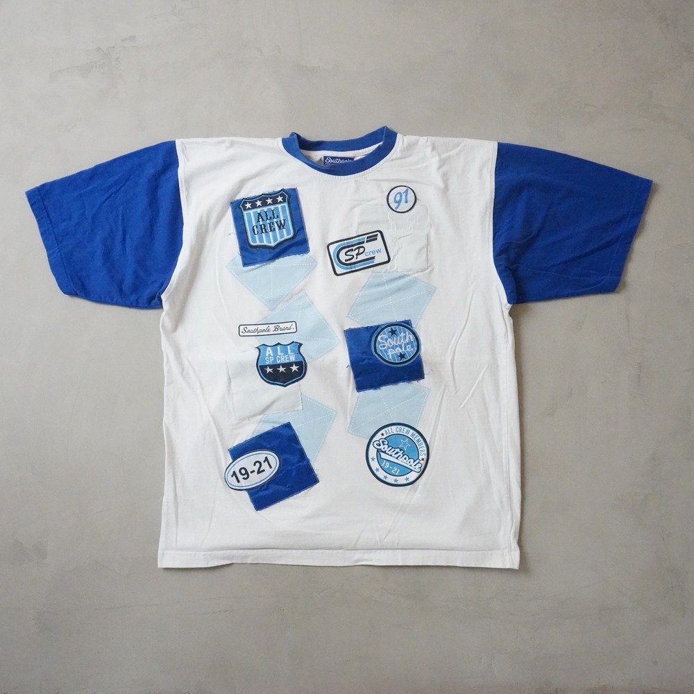 Vintage Southpole T-Shirt Large Mens Y2K White Blue Patchwork Streetwear